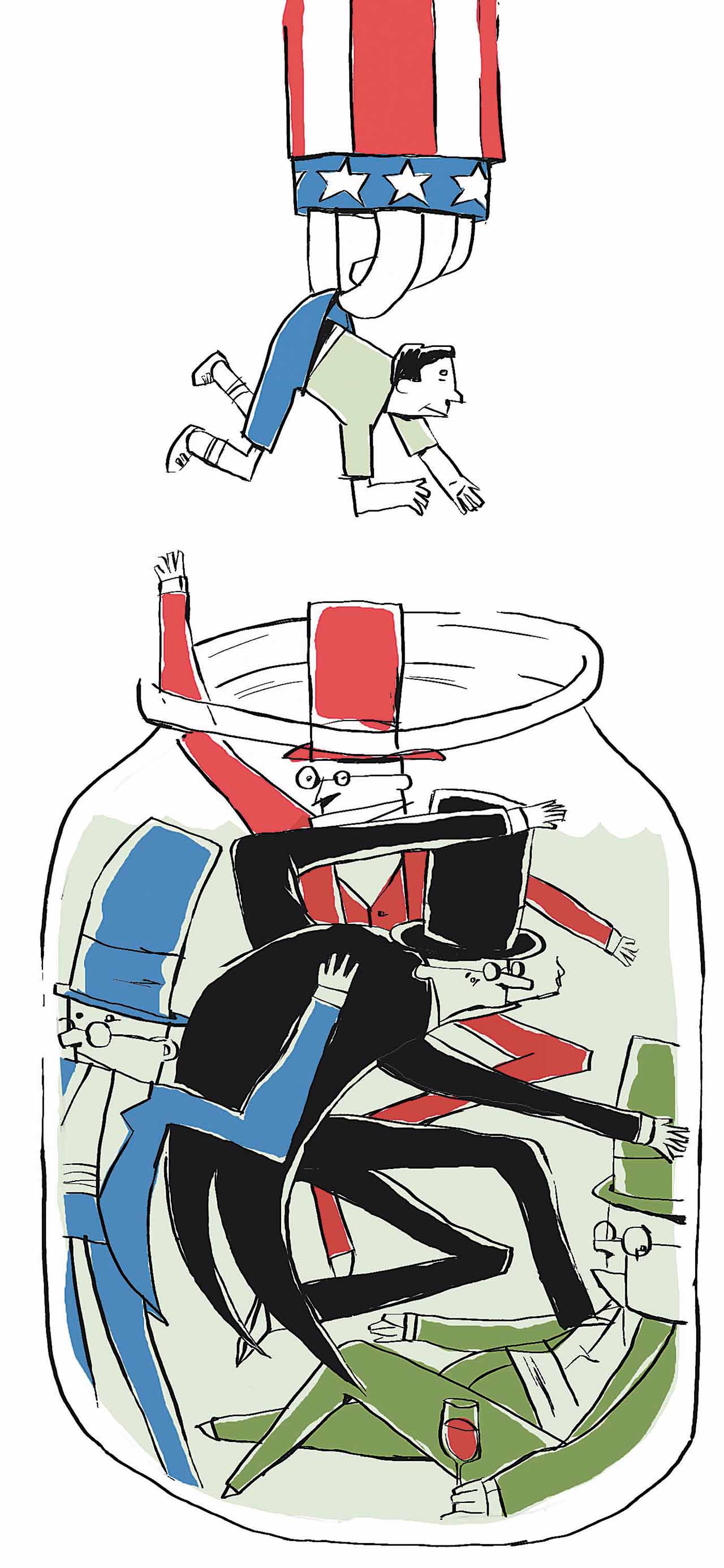 Illustration of people being dropped into a jar.