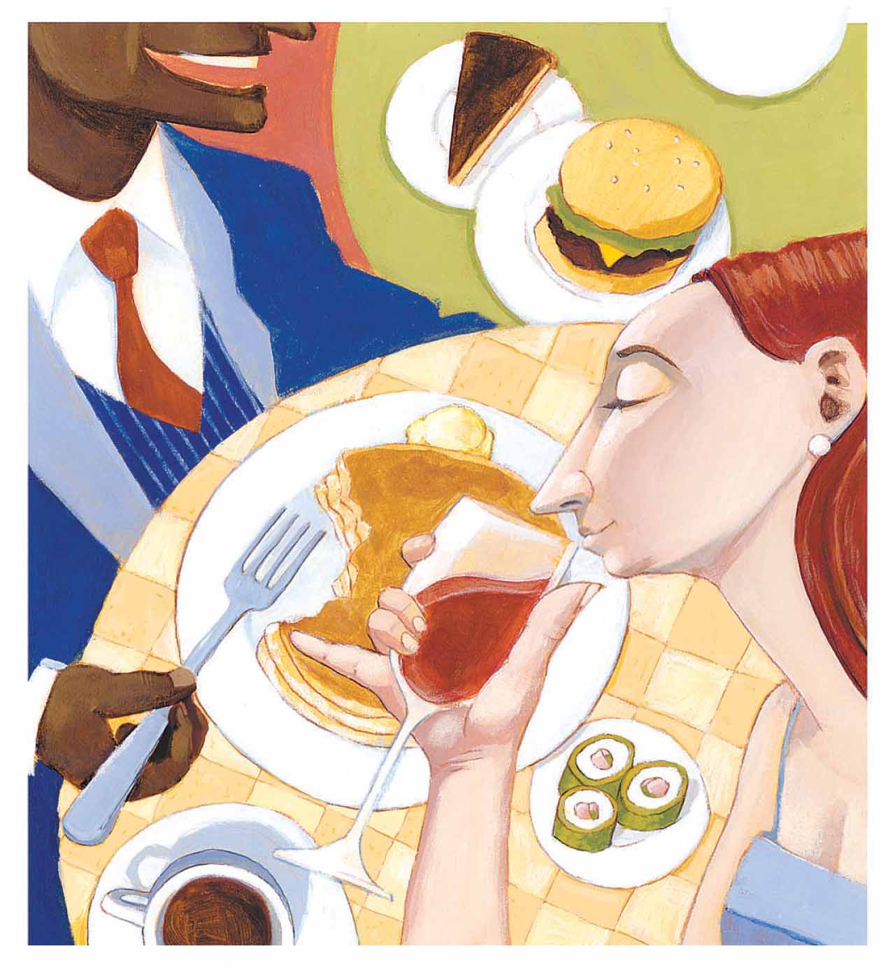 Illustration of two people eating dinnner with a variety of different dishes on the tables.