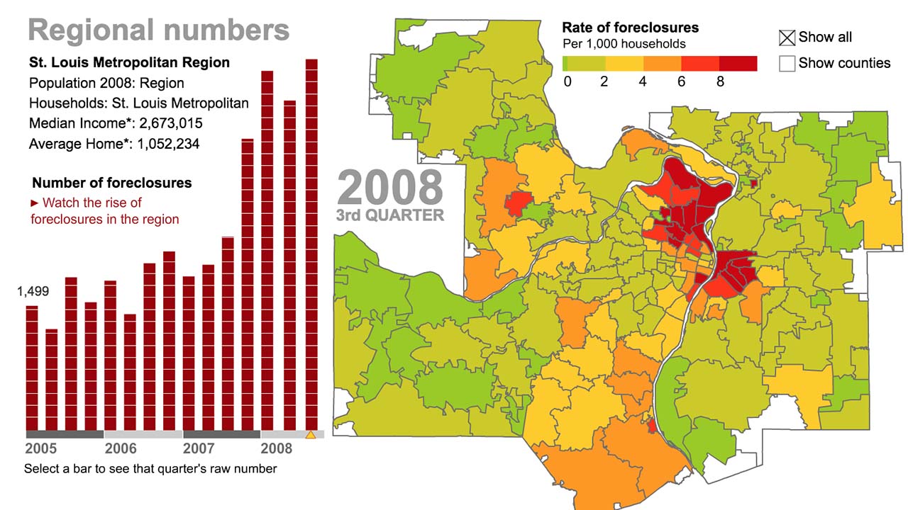 Screenshot of an interactive map showing the rise of foreclosure rates across the St. Louis region from 2005 to 2009. The map highlights the third quarter of 2008 and shows the highest foreclosure rates were primarily in North St. Louis ZIP codes and across the Mississippi River in East St. Louis ZIP codes.