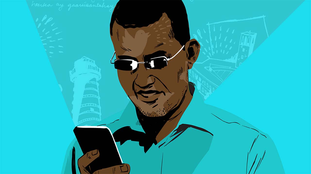 Illustration of a Somali man reading online content on his phone.