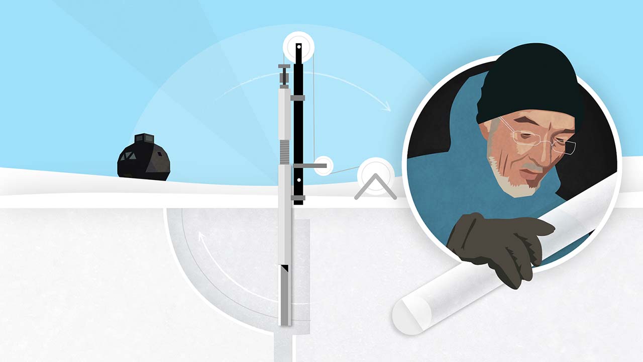 Collaged illustration of a drill used for collecting ice core samples, with an inset portrait of scientist Willi Dandsgaard.