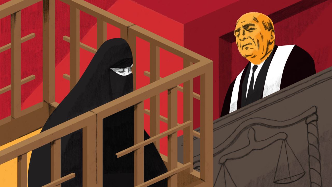 Illustration of a wife of an ISIS fighter standing trial in Iraq for supporting Islamic State.