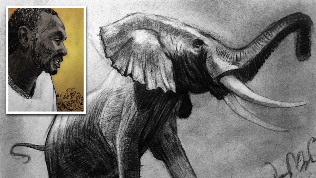 A series of comic book panels. A charcoal portrait of a poacher inset inside of a drawing of an elephant.
