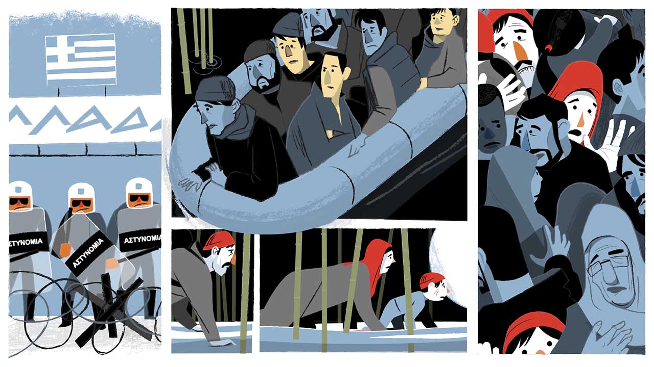 A series of comic book panels of refugees attempting to cross from Turkey into Greece.