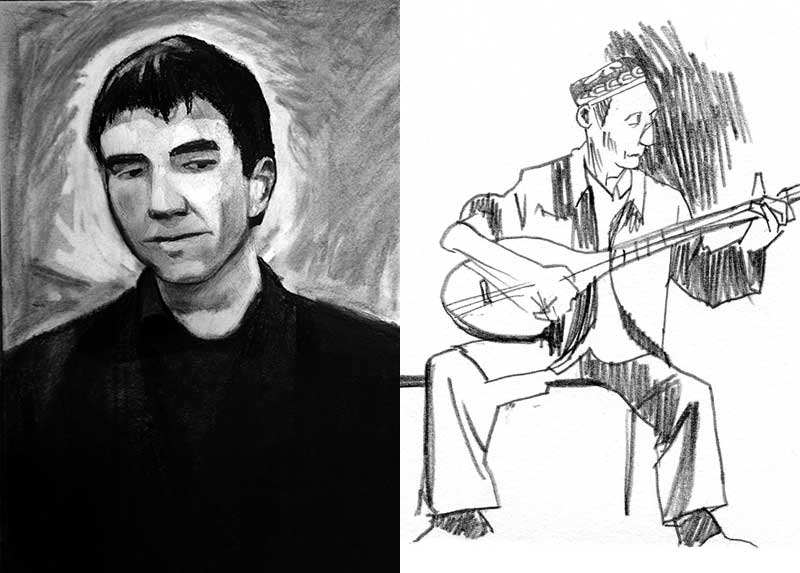 Left: Charcoal portrait of Nurmuhemmet Yasin. Right: Pencil drawing of a Uyghur man playing a stringed instrument.