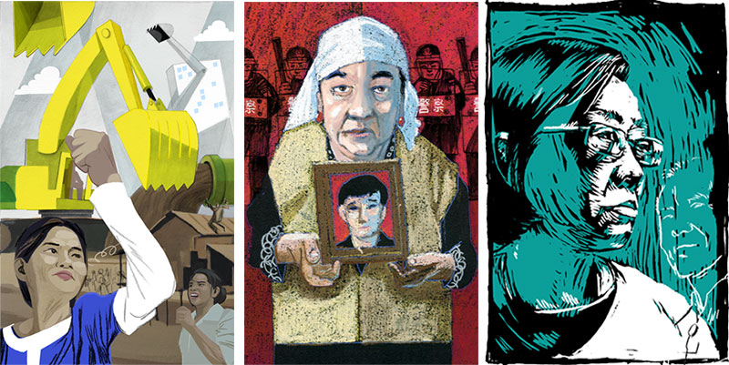 Three illustrated portraits of activists across Asia.