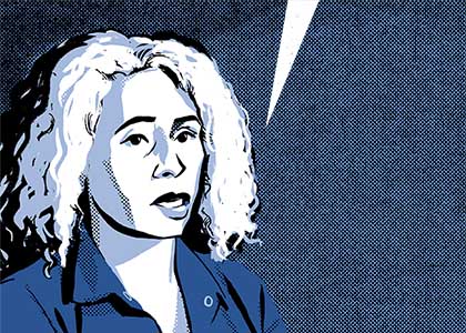 Comic book portrait of García speaking. 