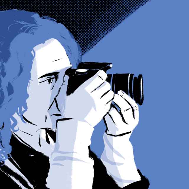 Comic book illustration of a close-up of García holding up her camera to take a photograph as she starts to cry. 