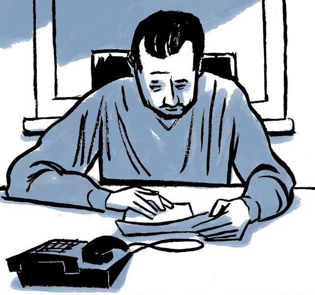 Samara working at his desk when the phone rings. Comic book drawing.