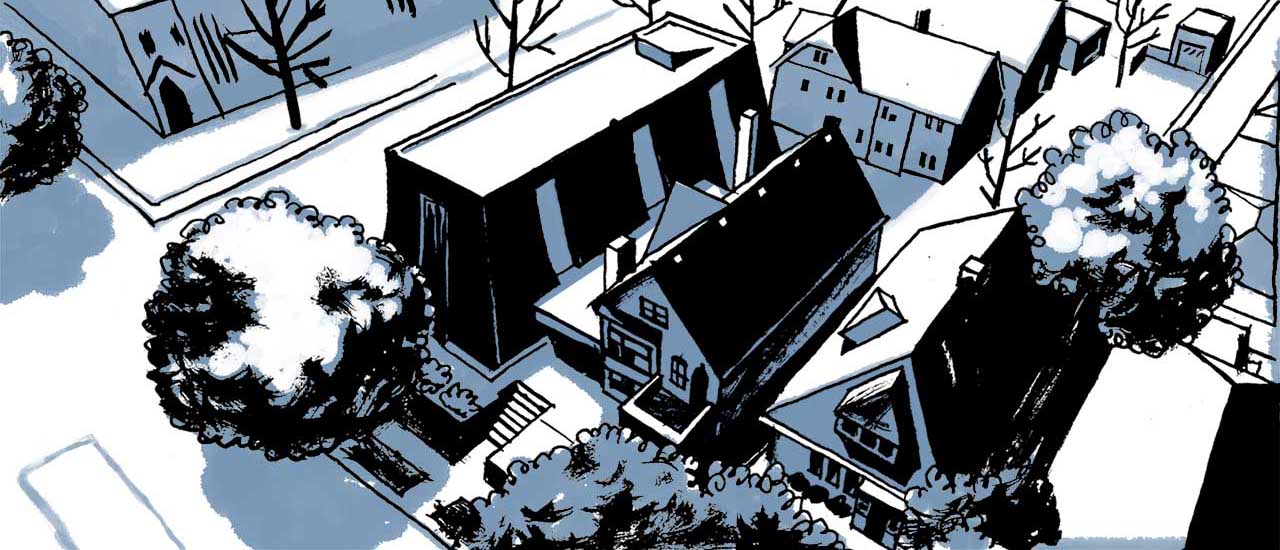 Aerial view of the Islamic Society of Milwaukee mosque and adjoining house. Comic book drawing.