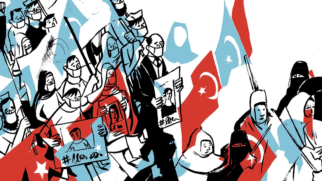 An illustration Uyghur protesters carrying Turkish and Uyghur flags.