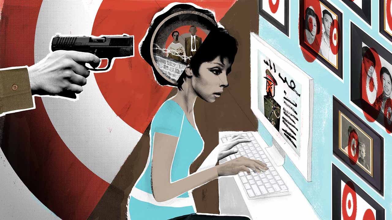 Illustration of a journalist working at a computer with a gun pointed at her head as targets appear on family photos in front of her.