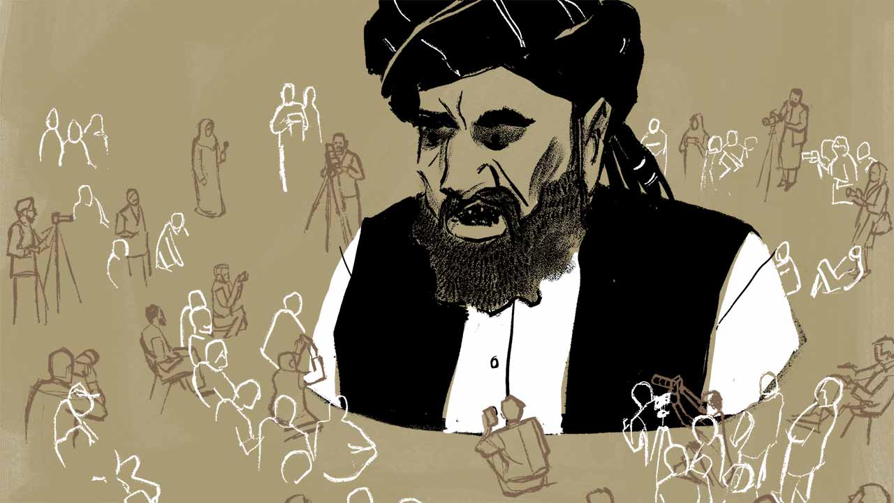 Illustration of journalists surrounding the giants figure of a Taliban spokesman.