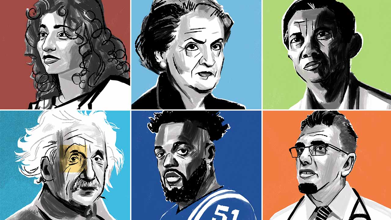 Grid of illustrated portraits of six famous refugees who came to the United States.