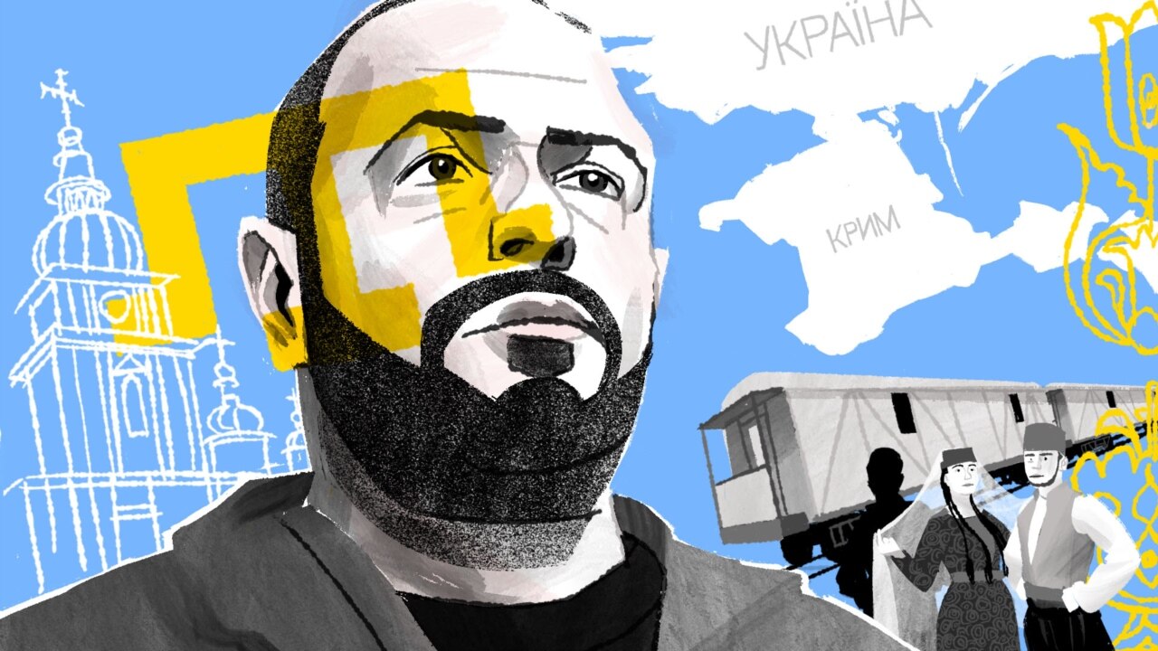 Illustrated portrait of Rustem Umerov, Ukraine’s defense minister. Umerov’s ethnic background as a Crimean Tatar has attracted significant attention