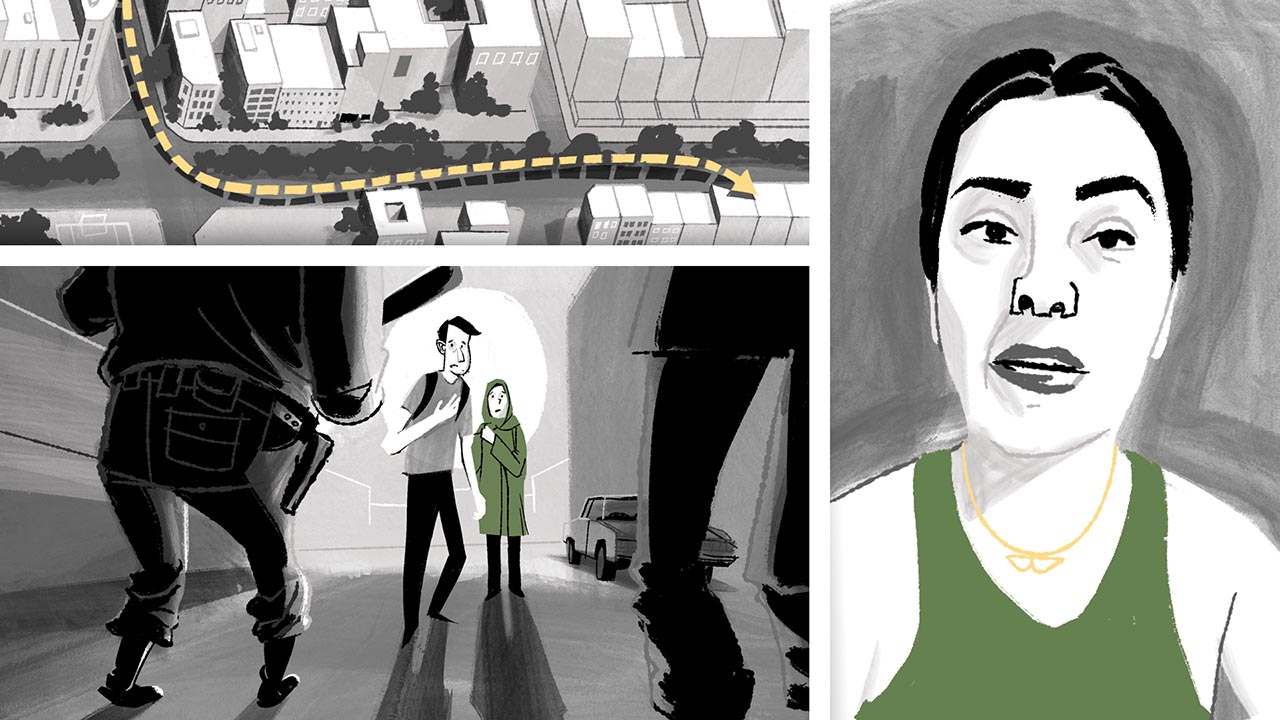 A comic book illustration of a woman in between a family photograph and monument in Iran.