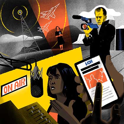 Illustration showing multiple scenes of VOA journalists broadcasting around the world.
