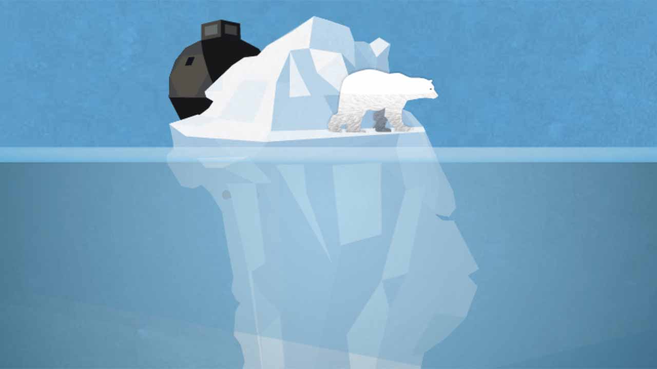 Collaged illustration of a drill used for collecting ice core samples, with an inset portrait of scientist Willi Dandsgaard.