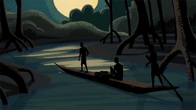 Storyboard illustration of a small boat moving upstream through a mangrove forest at night, with three men onboard.