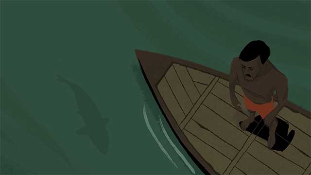 Storyboard illustration of an overhead view of a man standing on the front of a boat as the silhouette of a fish swims underneath.