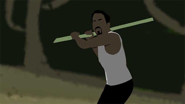 Storyboard illustration of a man about to swing a large stick.