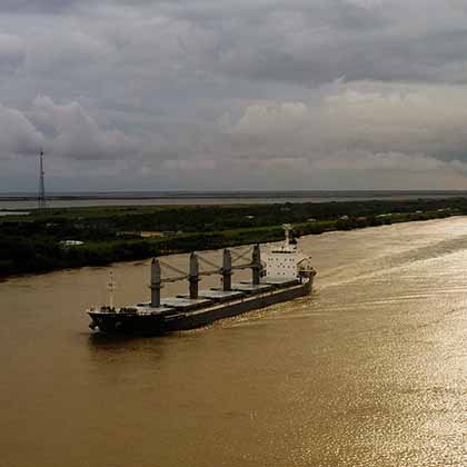 Aerial photograph of a cargo ship.