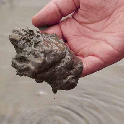 Close up photograph of a hand holding mud.
